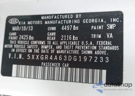 2013 Kia Optima Sx z USA, uszkodzony, nr VIN 5XXGR4A63DG197233